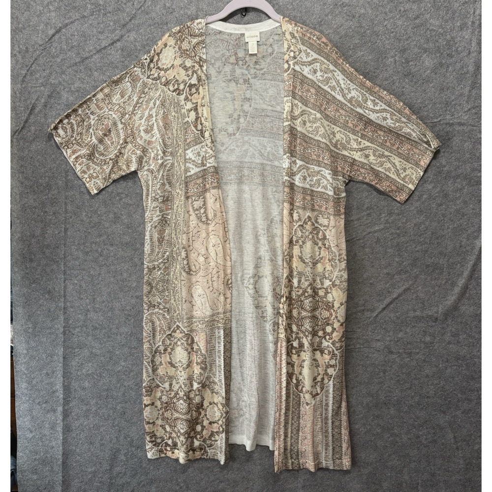 Chicos Long Cardigan Womens Sz 2 US 12 Pink Tan Paisley‎ Lightweight